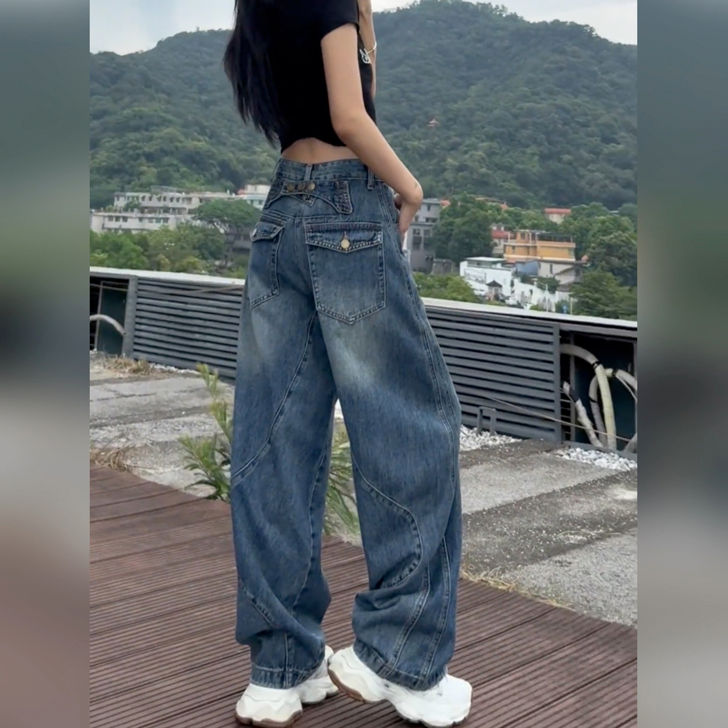 复古牛仔裤女大码胖mm时尚弯刀裤高腰显瘦遮胯设计感宽松阔腿长裤 到手价¥107.00