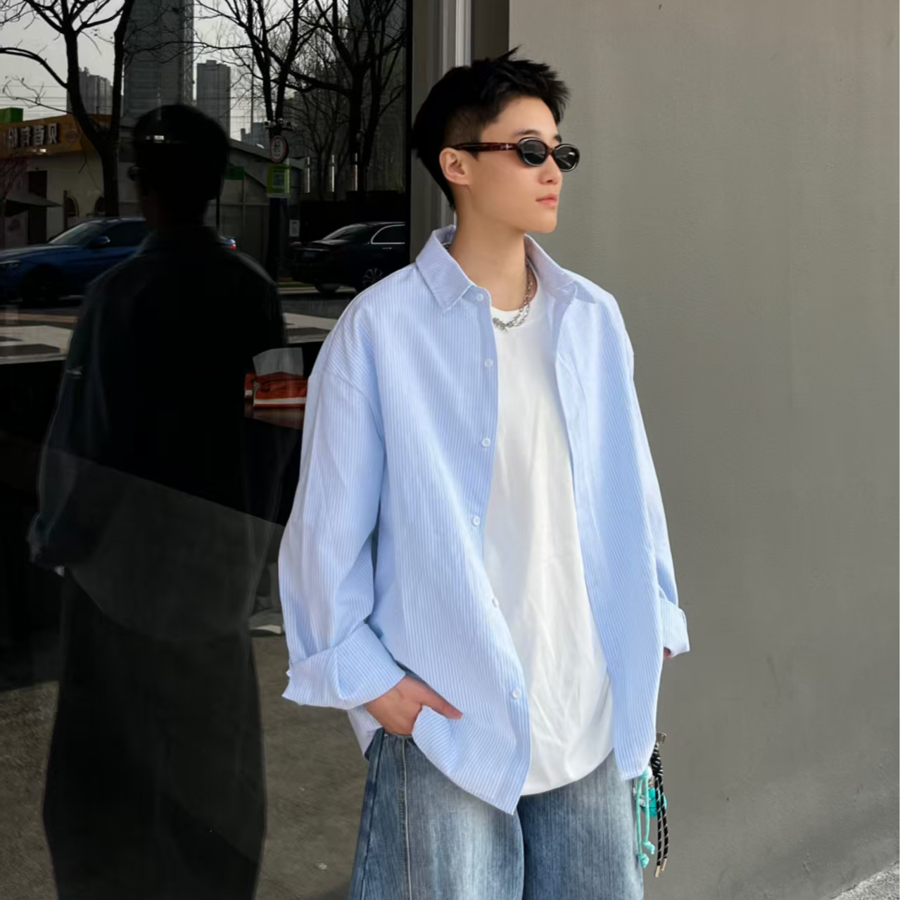 阿叔春季简约条纹撞色百搭休闲宽松中性风情侣衬衫夹克外套AG-662 到手价¥49.90