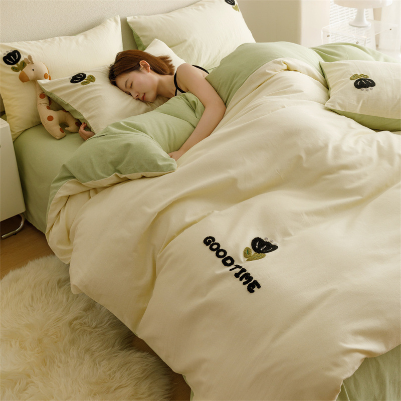 全棉生态磨毛毛巾绣四件套床上品秋冬纯棉加厚保暖床单被套三件套