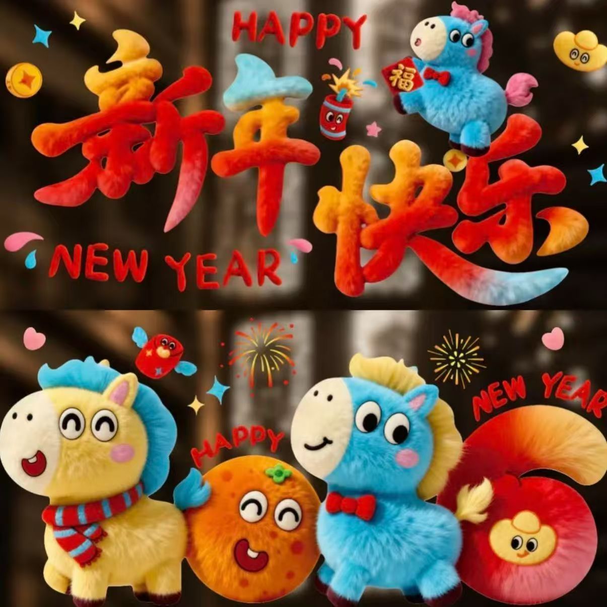 2026新年新品爆款5D可爱小马毛绒质感玻璃剪纸贴纸静电贴装饰品 到手价¥2.88