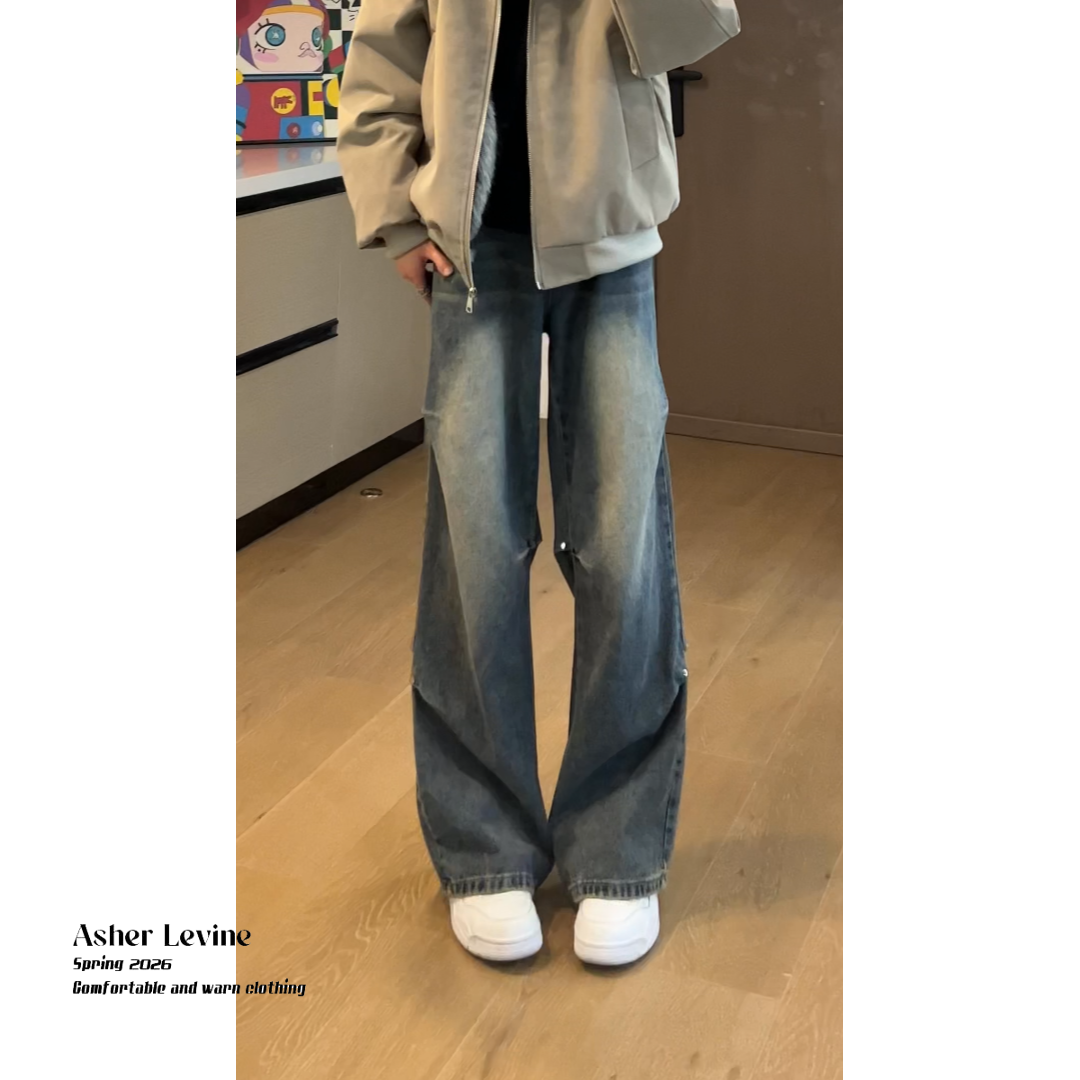 美式解构褶皱牛仔裤男春季高街铆钉设计感长裤复古宽松直筒阔腿裤 到手价¥29.99