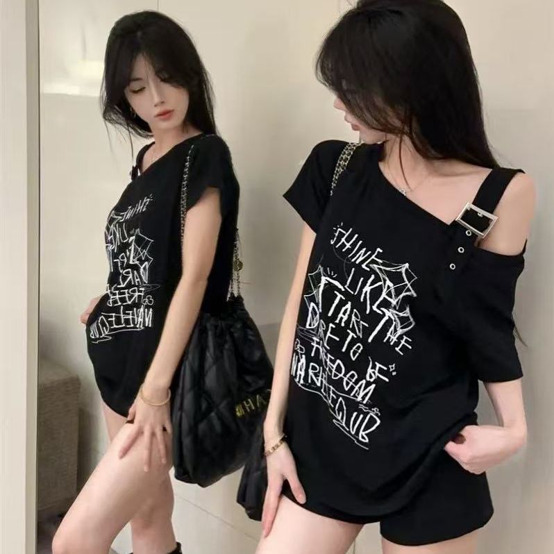 美式复古斜肩穿搭宽松短袖T恤女装夏季新款纯欲风露肩一字肩上衣 到手价¥39.90