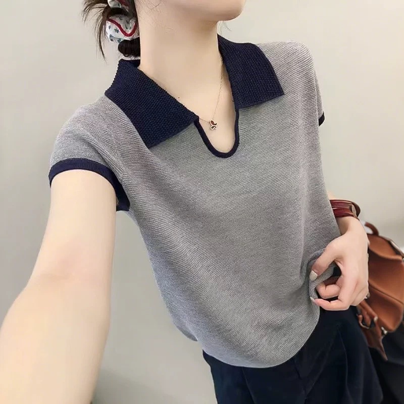 韩版设计感拼色U型领针织衫短袖女2026新款夏季薄款透气百搭上衣 到手价¥68.80