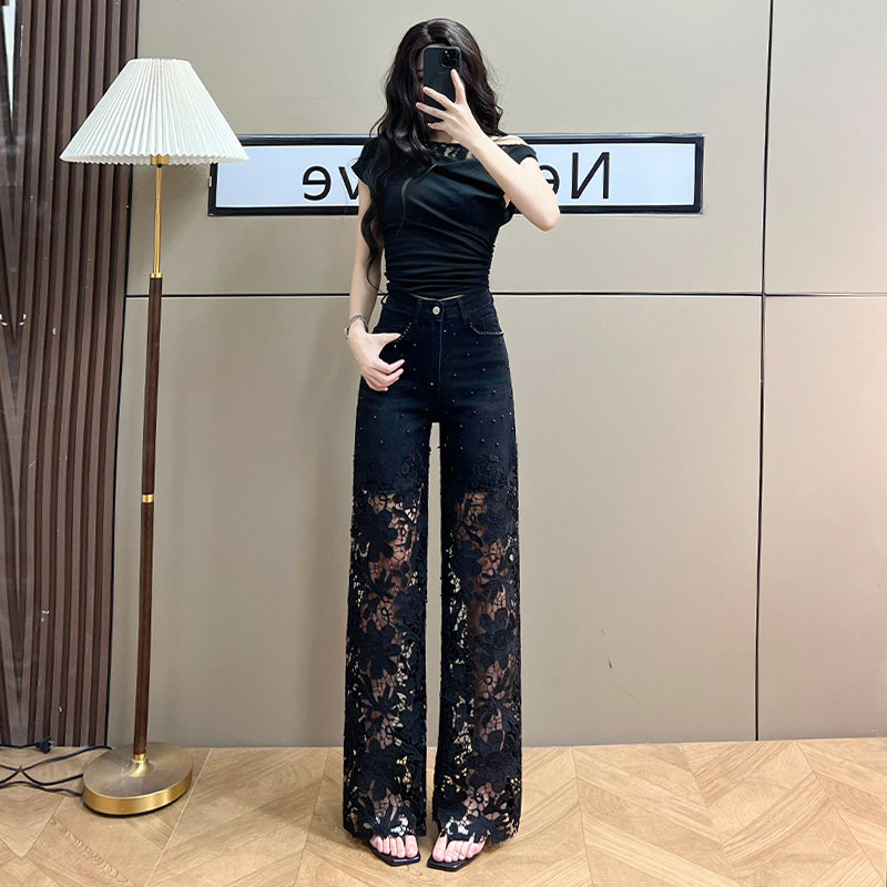 时髦蕾丝镂空阔腿牛仔裤女2026年新款春夏季薄款宽松烫钻流行直筒 到手价¥109.99