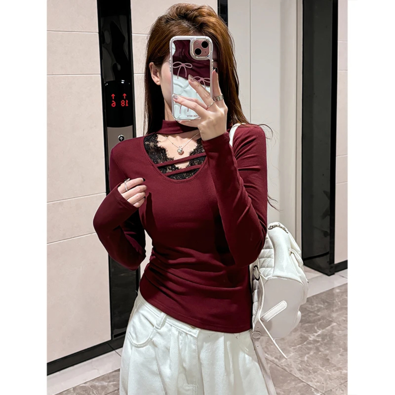 7097#纯欲风显瘦蕾丝拼接u领长袖挂脖T恤女秋冬修身加绒打底衫 到手价¥25.98